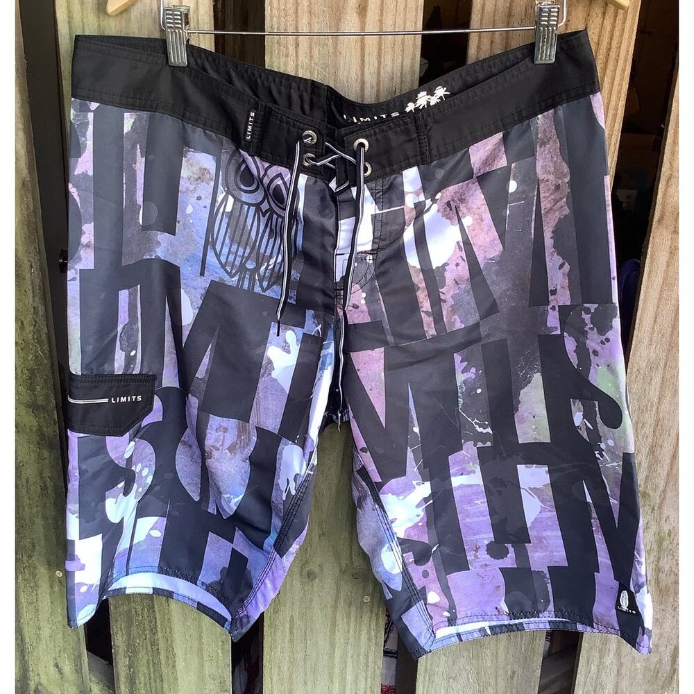 Limits Size 46 (36" Waist) Board Shorts Black Gray Nocturnal Owl No Mesh Surf
